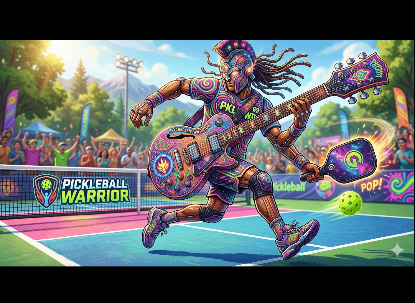 psychedelic guitar pickleball warrior